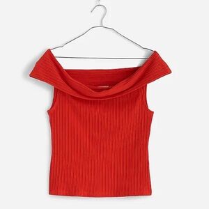 Madewell Red Ribbed Off the Shoulder shirt